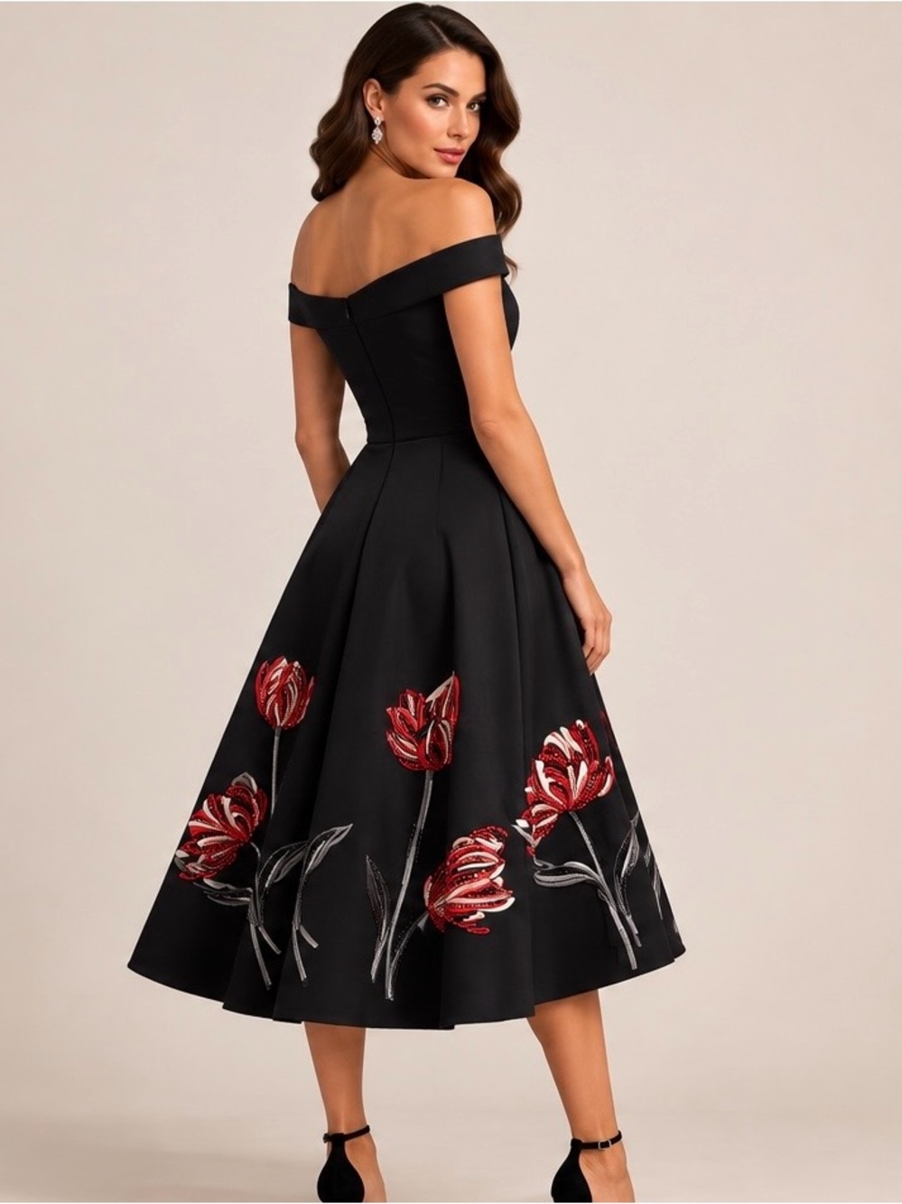 Karen Millen Black Off-Shoulder Midi Dress with Red Floral Embroidery